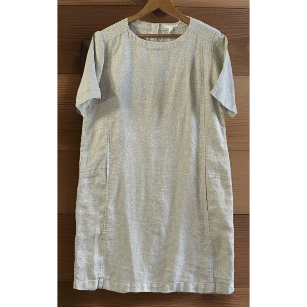 Eileen Fisher Organic Linen Shiftโ Dress Pockets Beige Holiday Sparkle Sz XS EC